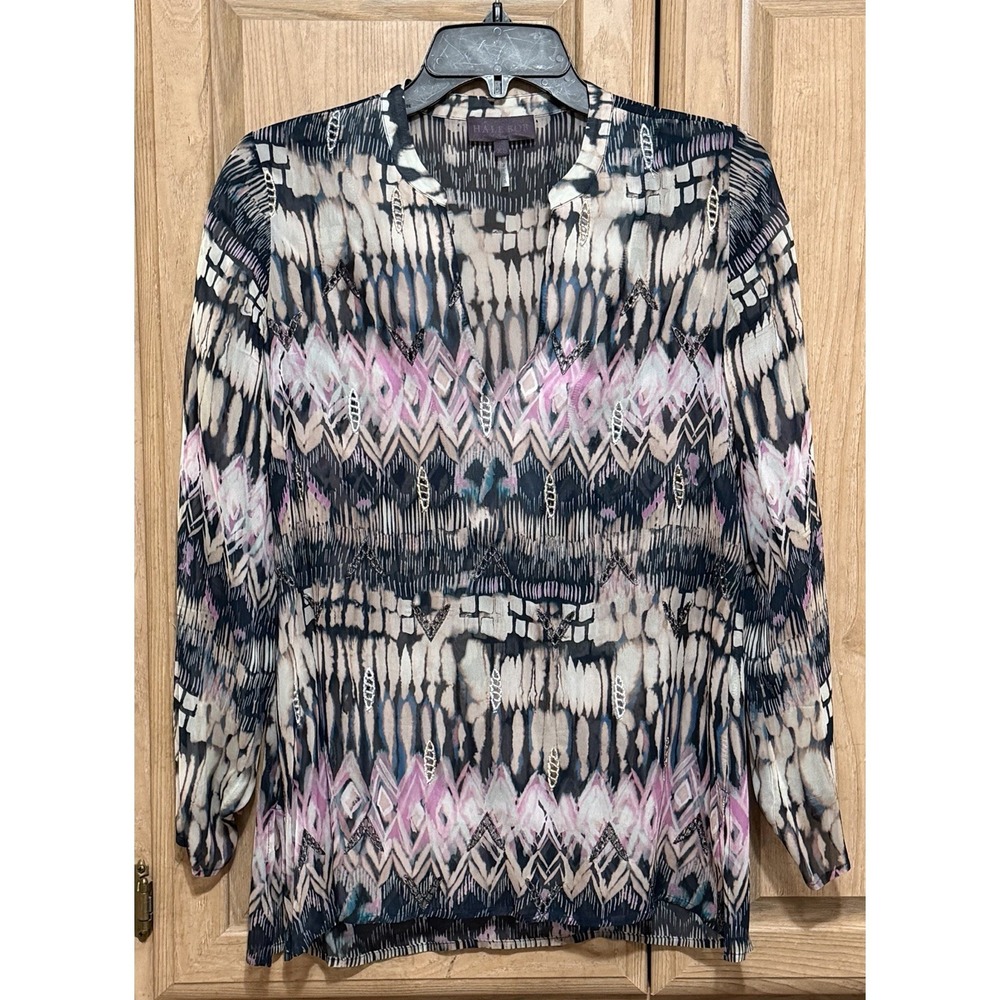 Hale‎ Bob Sheer Blouse Tunic Top Women's Size XS V-Neck Abstract Metallic Print